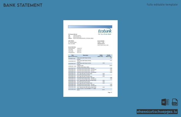 Beispiel eines Kontoauszugs der Benin Ecobank (Excel-Vorschau)